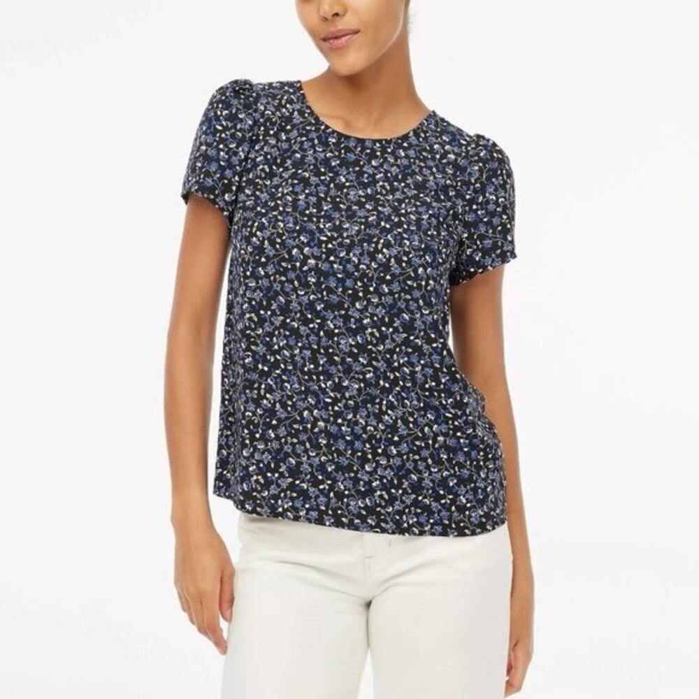J Crew Navy Blue Floral Print Women's Top - Blue size Large
